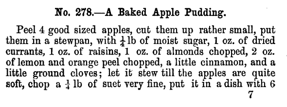 Text: No. 278. - A Baked Apple Pudding. Peel 4 good sized apples, cut them up rather small, put them in a stewpan, with 1/4 lb of moist sugar, 1 oz. of dried currants, 1 oz. of raisins, 1 oz. of almonds chopped, 2 oz. of lemon and orange peel chopped, a little cinnamon, and a little ground cloves; let it stew till the apples are quite soft,