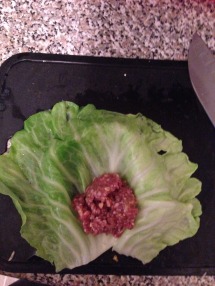 meat filling on cabbage leaf