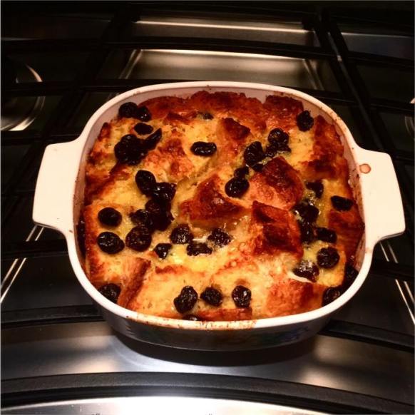 Bread pudding with cherries in the pan