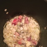 Sauteing onions, garlic, and bones in the pot