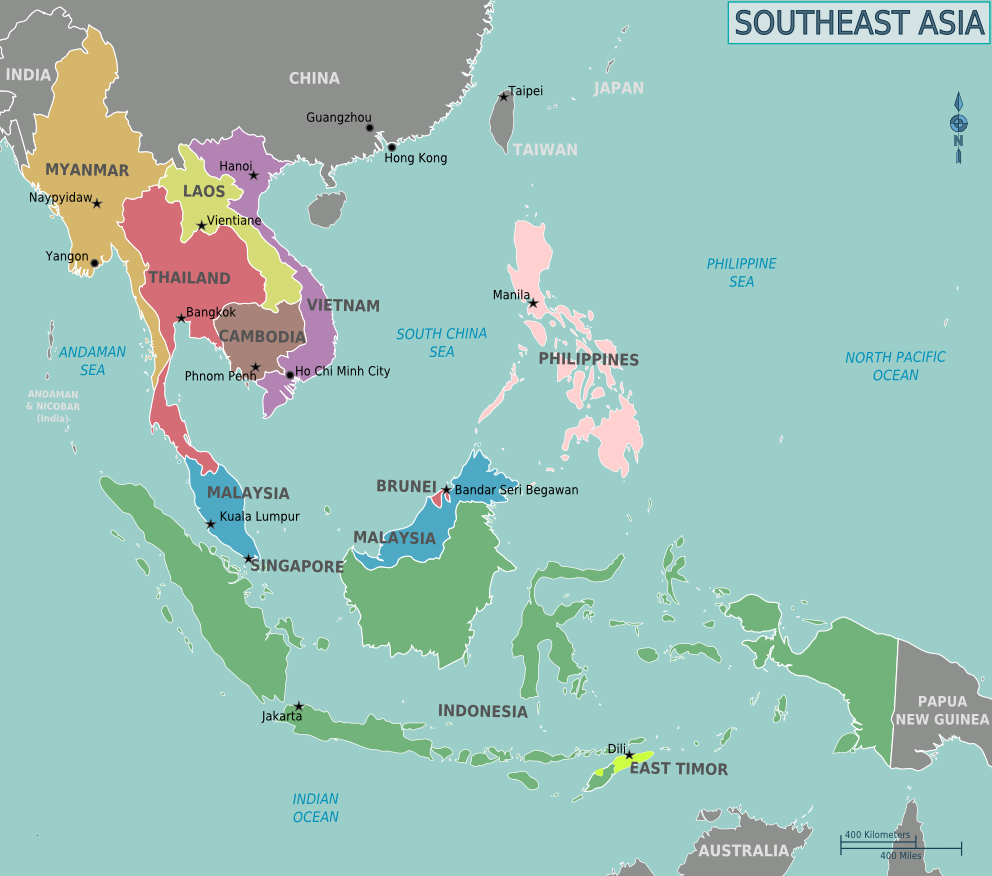 Map of southeast asia, with the eleven countries and their capitals